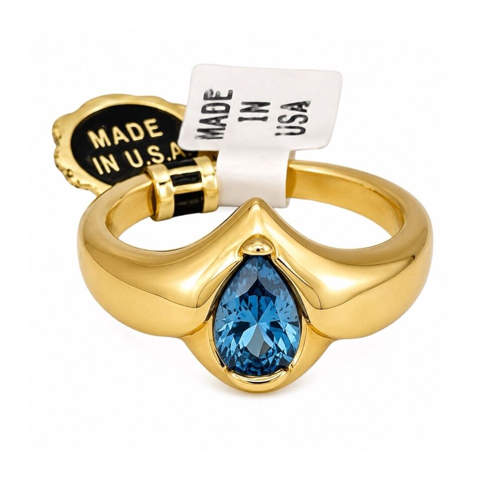 Vintage 1970s Cocktail Ring Size 10 Blue Cubic Zirconia Gold Tone - 14X